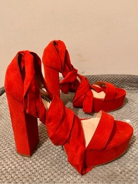 Fashion Nova Bright Red Suede Wrap Platform Sandals